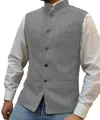 Detail view of grey herringbone men's waistcoat with mandarin collar and five buttons - XS / Tops / Silver