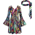 Detailansicht des 70er Jahre Disco Hippie Kostüms mit bedrucktem Kleid und Stirnband - S / Set / Schwarz mit bunten Streifen