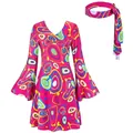 Flachbildansicht eines 70er Jahre Disco-Kleids mit buntem psychedelischem Print - S / Set / Rosa Stein-Druck