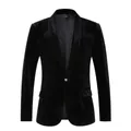 Detailweergave van luxe zwart fluwelen slim-fit blazer met sjaalkraag - M / Tops / Zwart