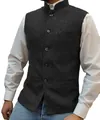 Detail view showing texture of men's dark grey herringbone waistcoat with Mandarin collar - XS / Tops / Black