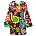 Vorderansicht 70er Jahre Hippie Disco Kostümkleid mit lebendigen Blumen- und Friedensdrucken - S / Set / Blume