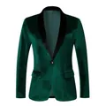 Gedetailleerd overzicht van luxe smaragdgroene fluwelen blazer met contrast revers. - M / Tops / Groen