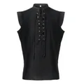 Front detail view of a black medieval sleeveless lace-up vest for men's costumes. - S / Tops / Black