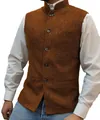 Detailed close-up view of men's brown herringbone waistcoat with formal stand collar - XS / Tops / Orange