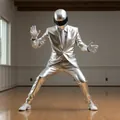Full view of shiny silver metallic performance suit for men with matching helmet and tie. - XS / Set / Silver