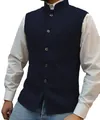 Close-up detail of navy blue herringbone patterned vest featuring a mandarin collar - XS / Tops / Navy Blue