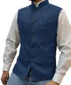 Detail view of blue herringbone pattern on men's stand collar waistcoat vest - XS / Tops / Blue