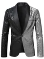 Gedetailleerde weergave van een stijlvolle tweekleurige paillettenblazer voor heren met satijn. - S / Tops / Zwart Zilver