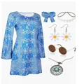 Komplettes 70er Hippie Disco Kostüm-Set mit geblümtem Kleid Stirnband und Schmuck - S / Set / Blau