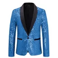 Glanzende heren blazer met pailletten in koningsblauw en zwarte sjaalkraag feesten - Meerblauw