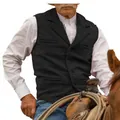 Detailed close-up of men's slim fit black herringbone tweed waistcoat for formal events - M / Tops / Black