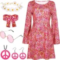 70er Jahre Hippie Disco Kostüm Set mit rosa Blumenkleid und Friedenszeichen Accessoires - S / Kleider / Rosa Tropischer Druck
