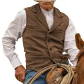 Detail of a brown herringbone tweed waistcoat for men in a western horse riding scene - Brown