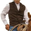Close-up detail of a brown herringbone slim fit vest for men featuring classic lapels - M / Tops / Coffee