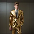 Stylish men's shiny gold metallic slim fit suit set for party and stage performance - XS / Top And Bottom / Gold