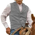 Detailed view of grey herringbone men's vest waistcoat in outdoor western setting - Silver