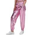 Stylish pink metallic joggers for women high waist loose streetwear dance pants - Pink