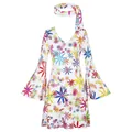 Lebhaftes 70er Hippie Disco Kostüm mit geblümtem Kleid und passendem Stirnband-Set - S / Set / Weiße Blume