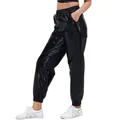 High waist black shiny metallic faux leather joggers for women streetwear plus size - S / Bottoms / Black
