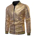 Full front view of a shiny gold sequin bomber jacket for men's stage performance - S / Tops / Gold