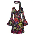 70er-Jahre-Hippie-Disco-Kostümset mit buntem bedrucktem Kleid und passendem Stirnband - S / Kleider / Schwarze Blume