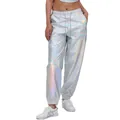 Metallic holographic silver jogger pants for women featuring a loose fit and elastic cuffs - S / Bottoms / Laser Silver