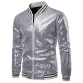 Detailansicht einer Herren-Bomberjacke mit silbernen Pailletten und Streifenbündchen. - Silber