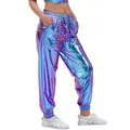 Holographic metallic high waist joggers in iridescent purple-blue transition finish - S / Bottoms / Laser Blue