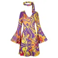 Retro 70er Jahre Hippie Disco Kostümset mit psychedelischem Kleid und passendem Stirnband - S / Set / Lila Flamme