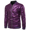 Detailed view of a mens purple sequined bomber jacket for stage performances and parties - S / Tops / Purple