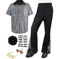 Complete men's 70s retro disco costume set featuring shiny shirt and bell-bottom pants - 3XL / Set / Grey Plaid