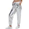 Metallic silver shiny jogger pants for women featuring a loose street style design - Silver