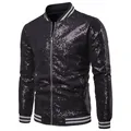 Close-up detail of a men's black sequin jacket featuring silver striped cuffs and collar - S / Tops / Black