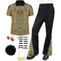 70s men's retro disco costume set including gold sequin shirt and flare pants - 3XL / Top And Bottom / Yellow Check