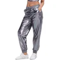 Metallic silver high-waist joggers for women featuring elastic cuffs and drawstring waist - Gray