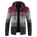 Men's fleece-lined hooded knit cardigan in burgundy, grey, and navy color-block - M / Tops / Red and Navy Blue