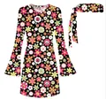 70er Jahre Hippie Disco Kostüm Set mit Blumenkleid und passendem Stirnband für Damen - S / Set / Hellschwarz