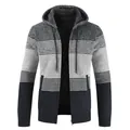 Premium men's fleece-lined hooded color-block knit sweater cardigan in grey and black - M / Tops / Dark Gray and Navy Blue