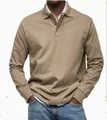 Close-up detail of a men's classic long-sleeved polo shirt in a casual tan finish - Khaki