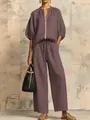 Dames casual tweedelige paarse loungeset met rits en een broek met wijde pijpen - XS / Boven- En Onderstuk / Bordeauxrood