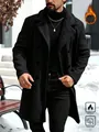Detail of men's black long wool overcoat featuring a cozy fleece-lined collar for winter. - S / Tops / Black