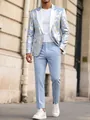 Full outfit view of the blue gold suit paired with white sneakers in a street setting - S / Top And Bottom / Light Blue