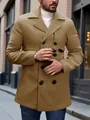 Close-up of a men's double-breasted camel wool pea coat in an urban street setting - Camel