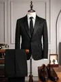 Elegant black floral jacquard 3-piece tuxedo suit with satin shawl lapel detail view. - S / Set / Black
