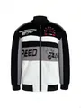 Men's racing style bomber jacket with black, white and grey color block design graphics - M / Tops / Black