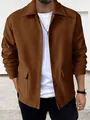 Men's brown casual woolen jacket with turn-down collar and front flap pockets. - S / Tops / Brown