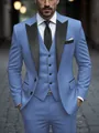 Detailed macro view of a light blue three-piece men's tuxedo featuring elegant black peak lapels - S / Top And Bottom / Blue