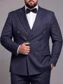 Detailed macro view of a navy blue pinstripe double-breasted men suit with a black bowtie - 3XL / Top And Bottom / Navy Blue