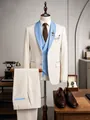 Elegant cream three-piece men's suit with blue lapel details and matching trousers. - S / Set / Apricot